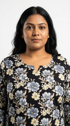 Plus Size Poly Crepe Floral Print  Straight Kurta Black-100076