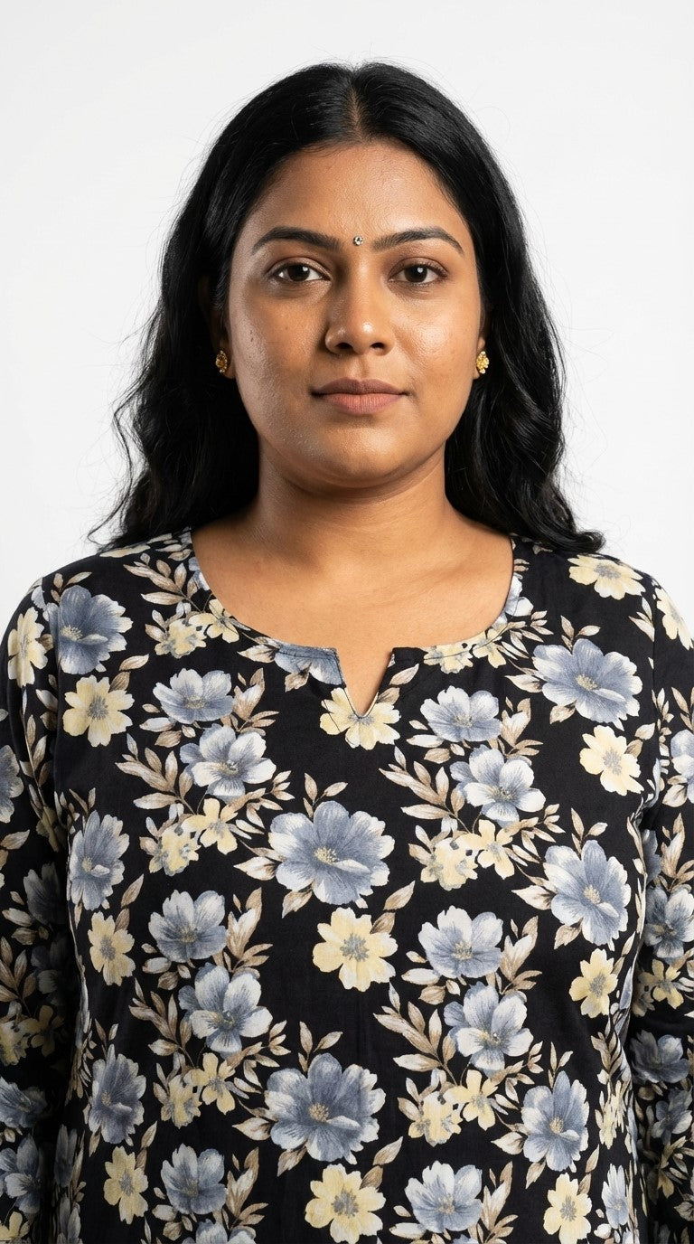 Plus Size Poly Crepe Floral Print  Straight Kurta Black-100076