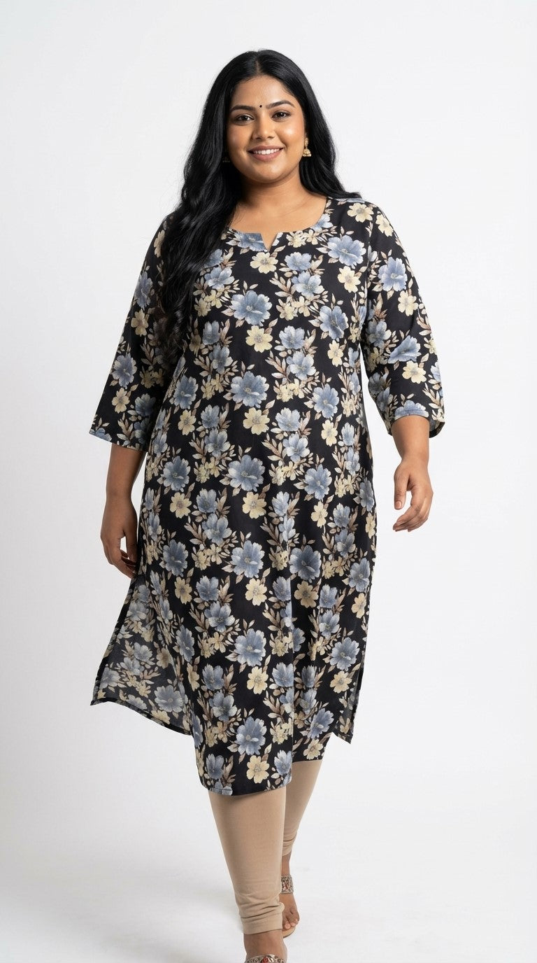 Plus Size Poly Crepe Floral Print  Straight Kurta Black-100076