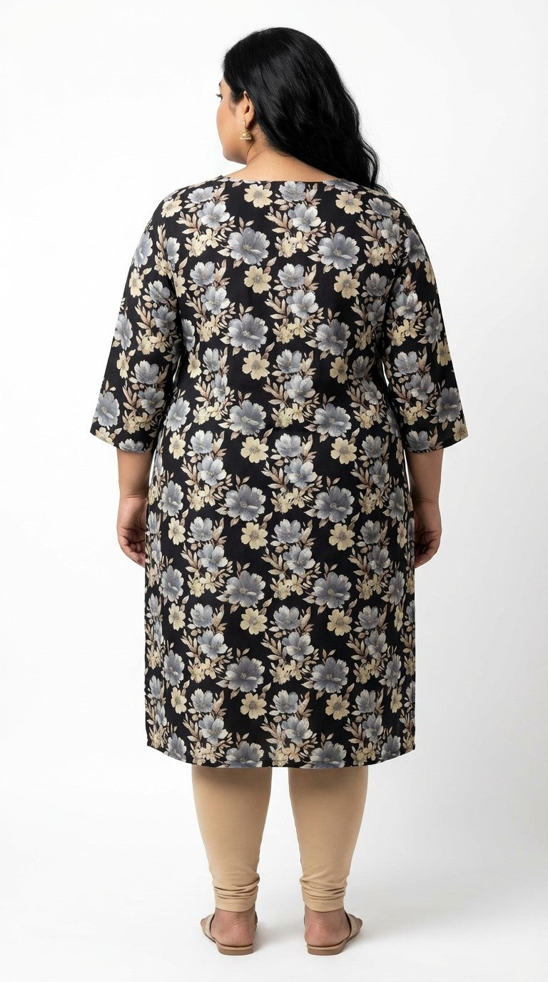 Plus Size Poly Crepe Floral Print  Straight Kurta Black-100076