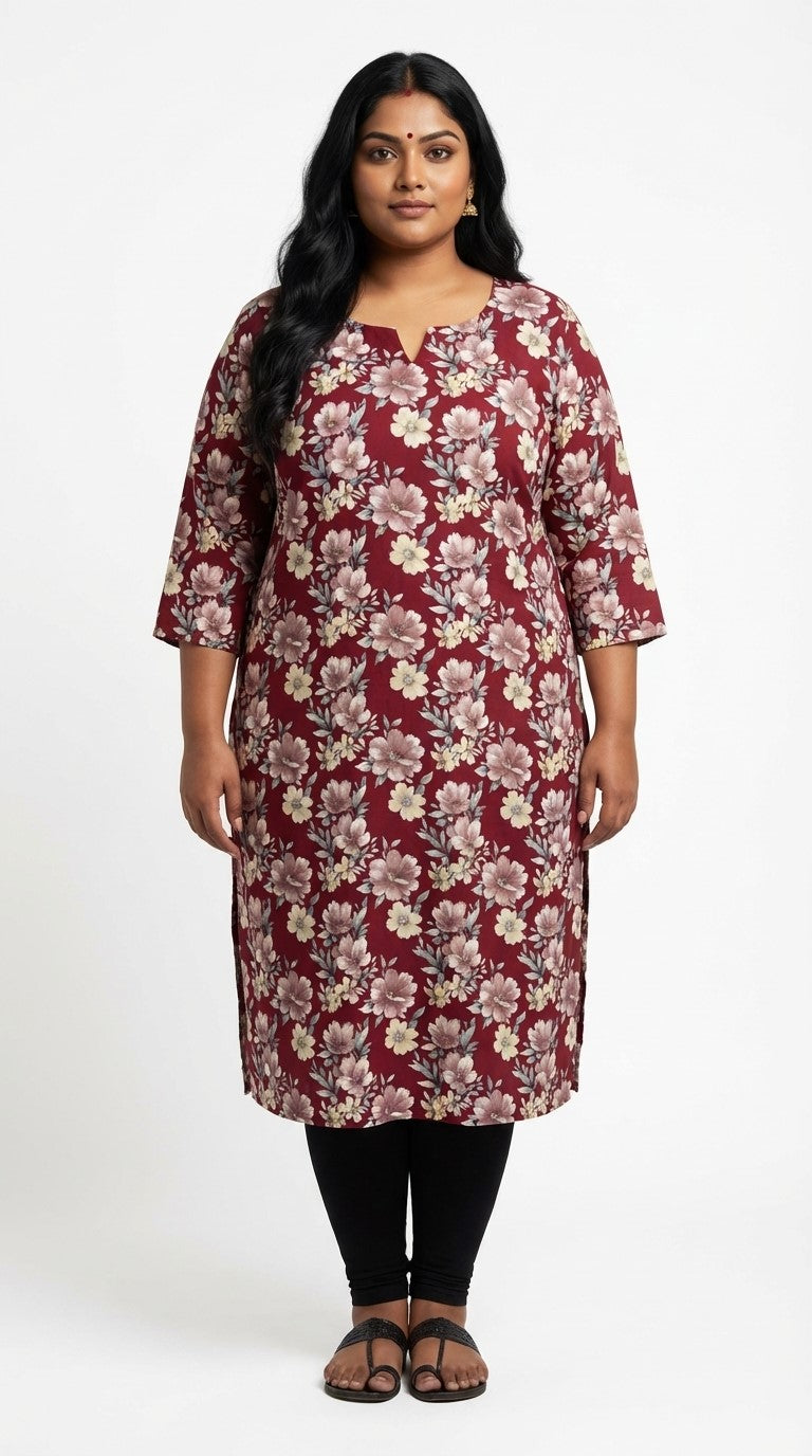 Plus Size Poly Crepe Floral Print  Straight Kurta Maroon-100077 Secondary image