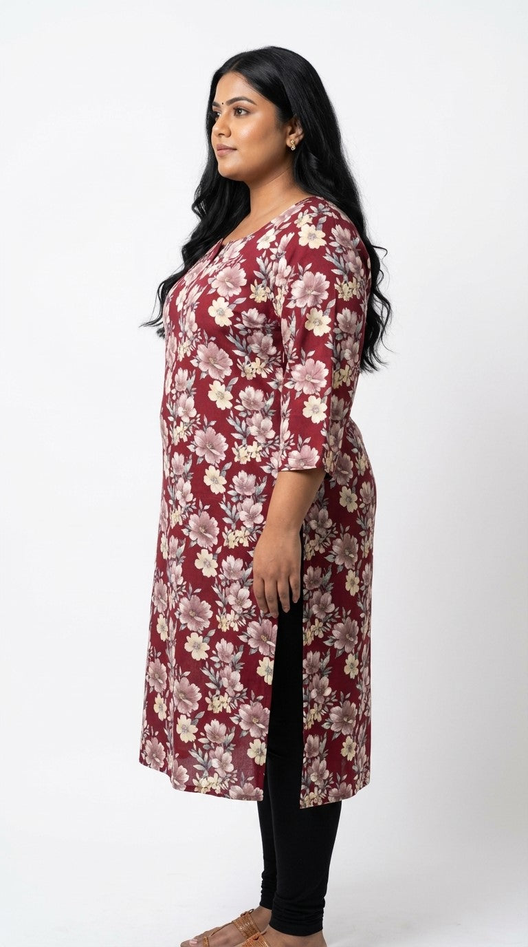 Plus Size Poly Crepe Floral Print  Straight Kurta Maroon-100077