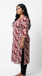 Plus Size Poly Crepe Floral Print  Straight Kurta Maroon-100077