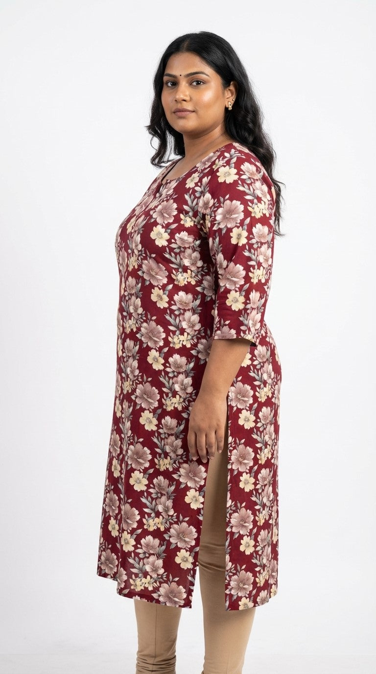 Plus Size Poly Crepe Floral Print  Straight Kurta Maroon-100077