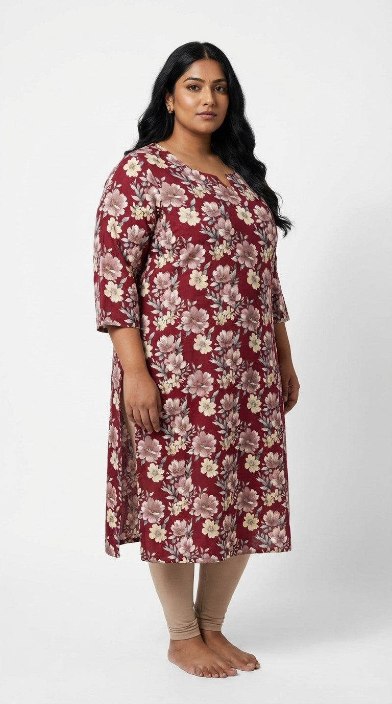 Plus Size Poly Crepe Floral Print  Straight Kurta Maroon-100077