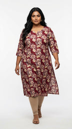 Plus Size Poly Crepe Floral Print  Straight Kurta Maroon-100077