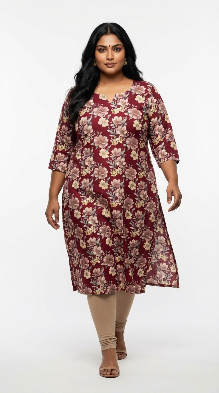 Plus Size Poly Crepe Floral Print  Straight Kurta Maroon-100077