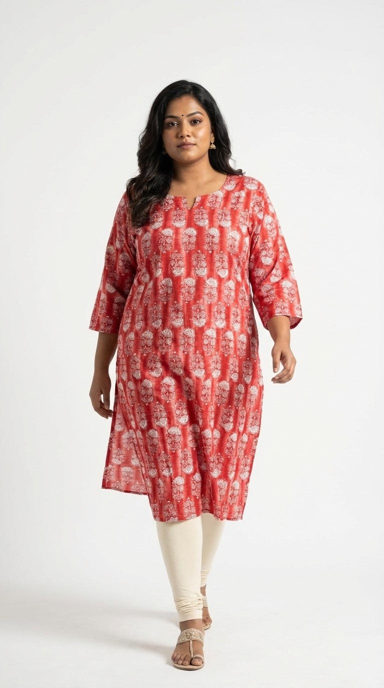 Plus Size Poly Crepe Floral Print  Straight Kurta Red-100078