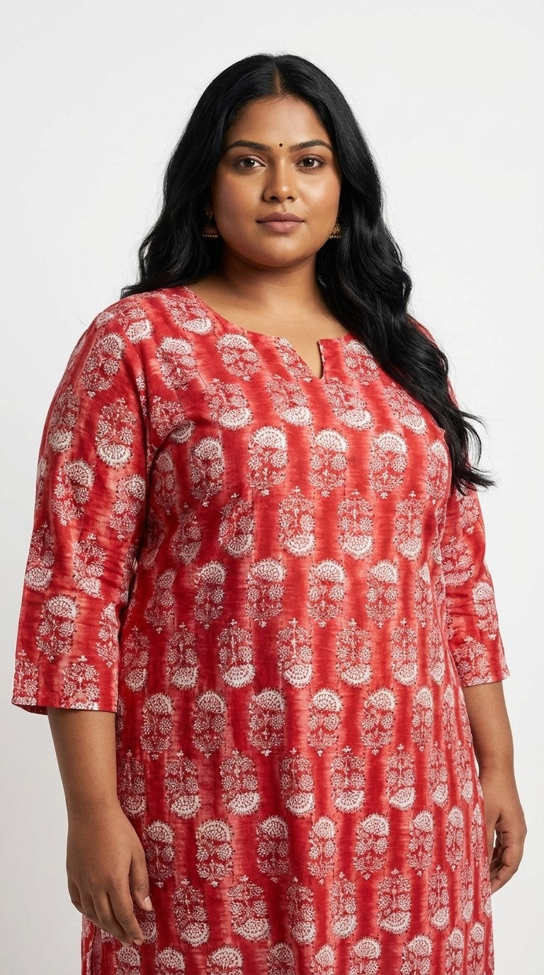Plus Size Poly Crepe Floral Print  Straight Kurta Red-100078