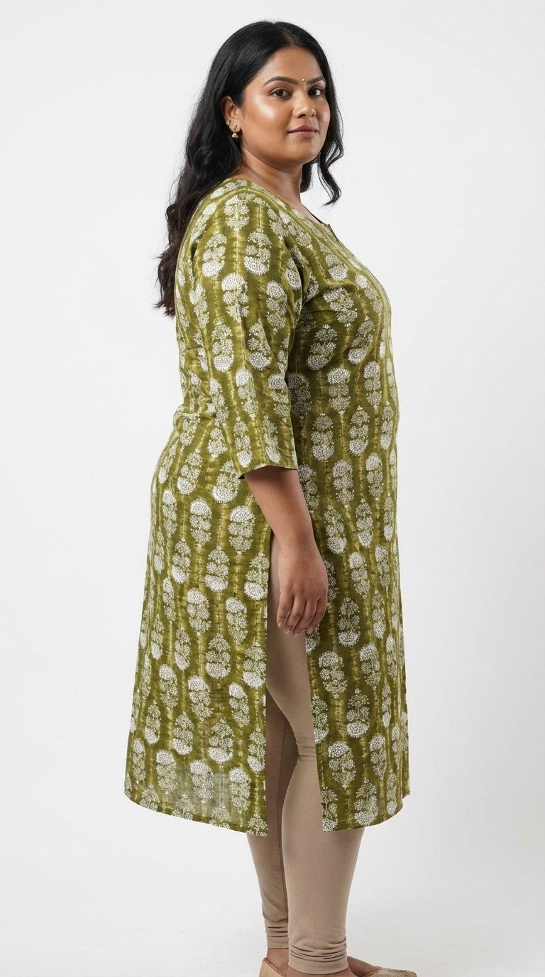Plus Size Poly Crepe Floral Print  Straight Kurta Green-100079