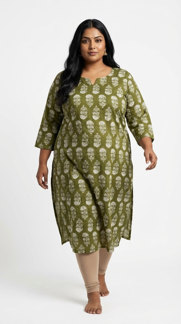 Plus Size Poly Crepe Floral Print  Straight Kurta Green-100079