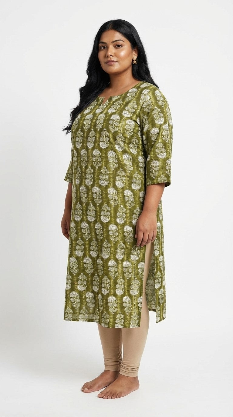 Plus Size Poly Crepe Floral Print  Straight Kurta Green-100079