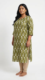 Plus Size Poly Crepe Floral Print  Straight Kurta Green-100079