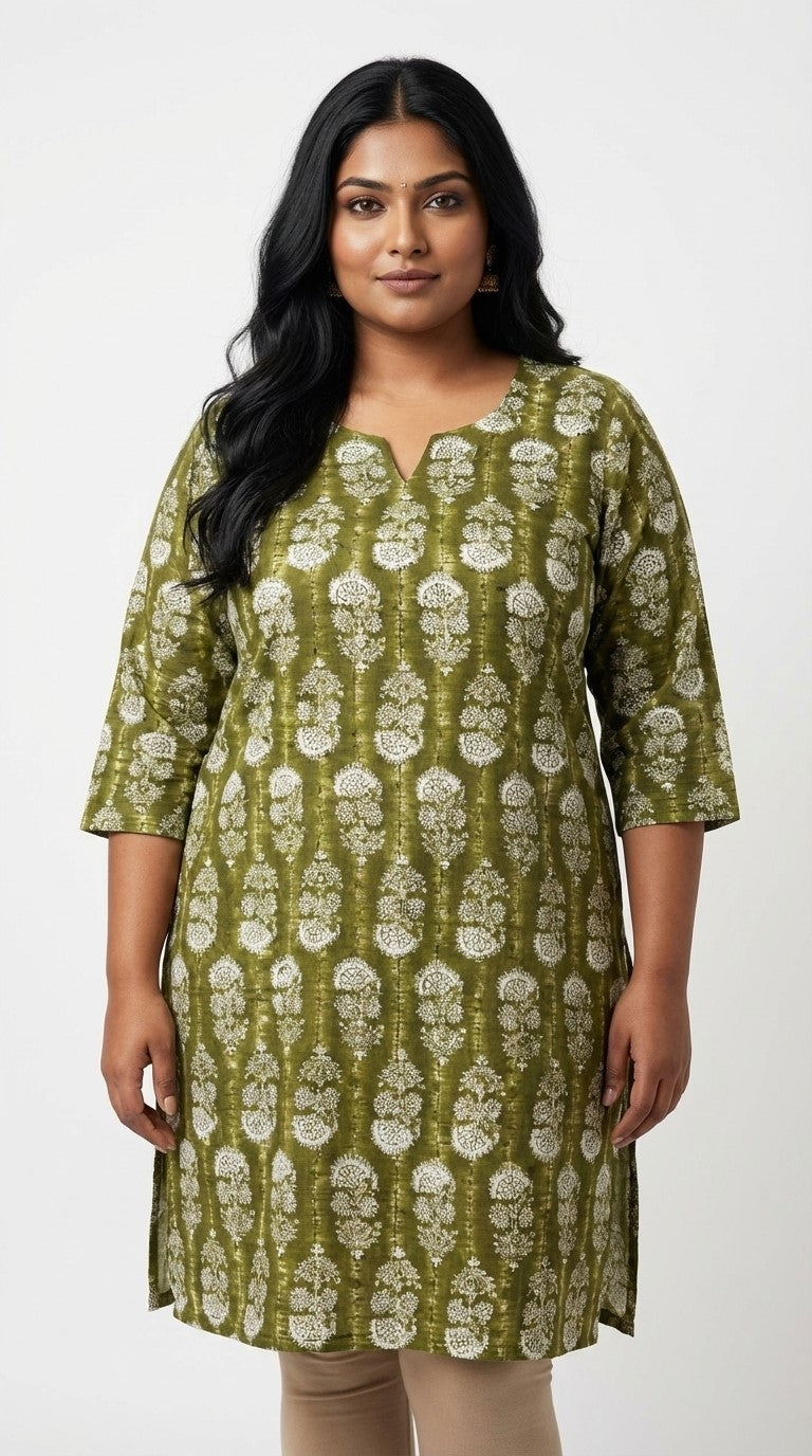 Plus Size Poly Crepe Floral Print  Straight Kurta Green-100079