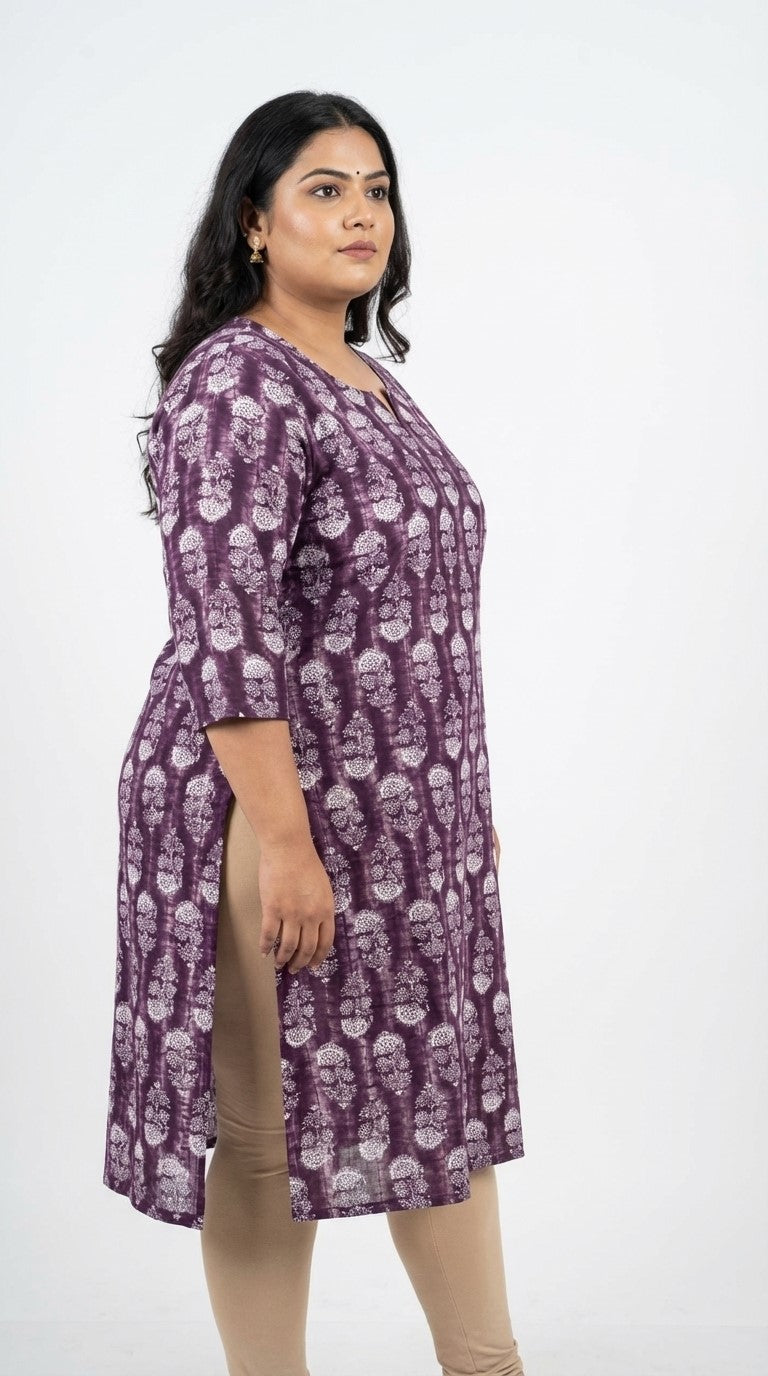 Plus Size Poly Crepe Floral Print  Straight Kurta Purple-100080