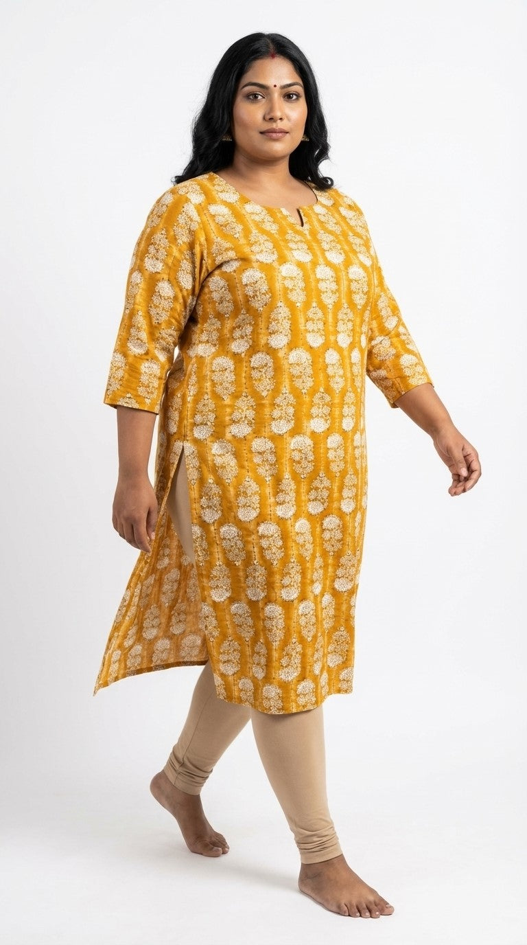 Plus Size Poly Crepe Floral Print  Straight Kurta Yellow-100081