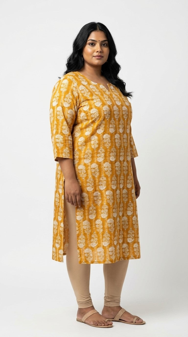 Plus Size Poly Crepe Floral Print  Straight Kurta Yellow-100081