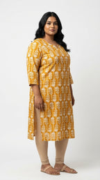 Plus Size Poly Crepe Floral Print  Straight Kurta Yellow-100081