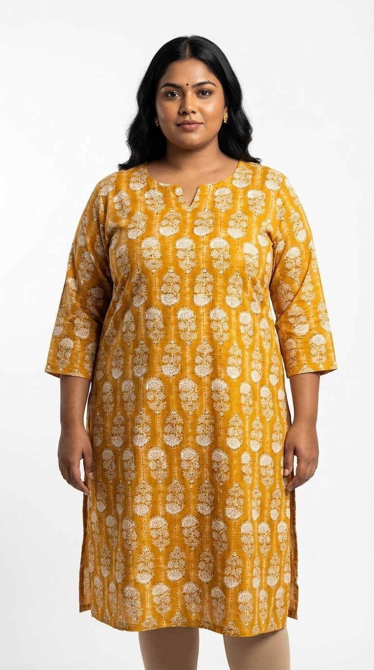 Plus Size Poly Crepe Floral Print  Straight Kurta Yellow-100081