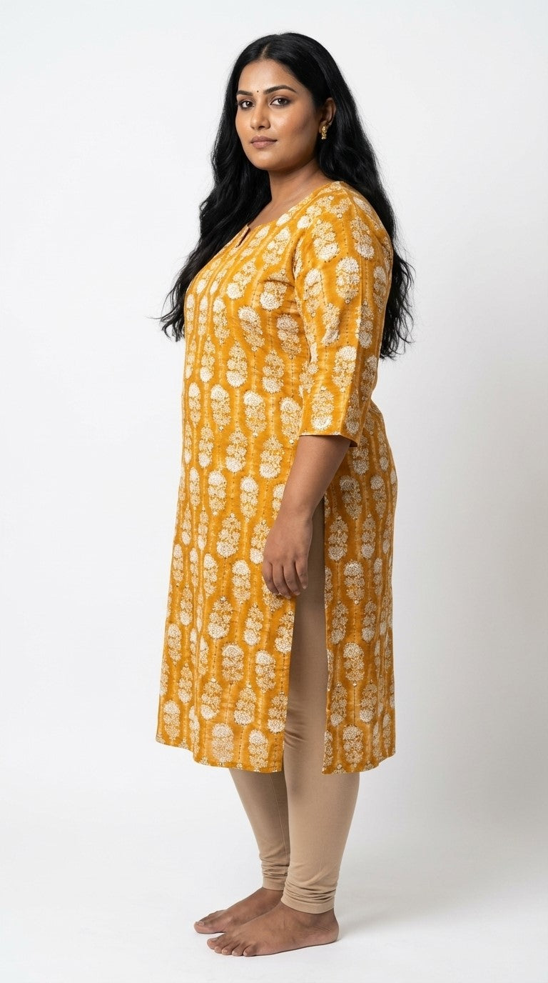 Plus Size Poly Crepe Floral Print  Straight Kurta Yellow-100081