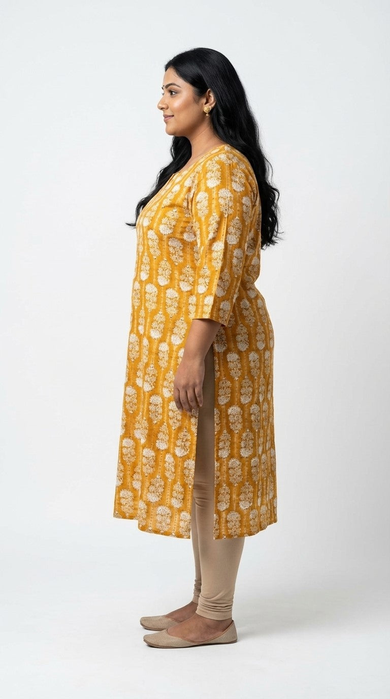 Plus Size Poly Crepe Floral Print  Straight Kurta Yellow-100081