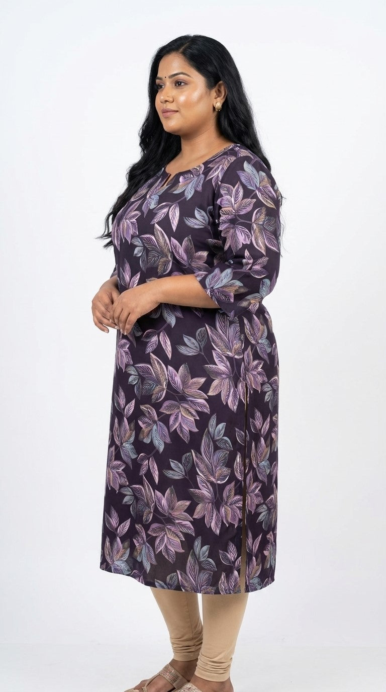 Plus Size Poly Crepe Floral Print  Straight Kurta Purple-100082