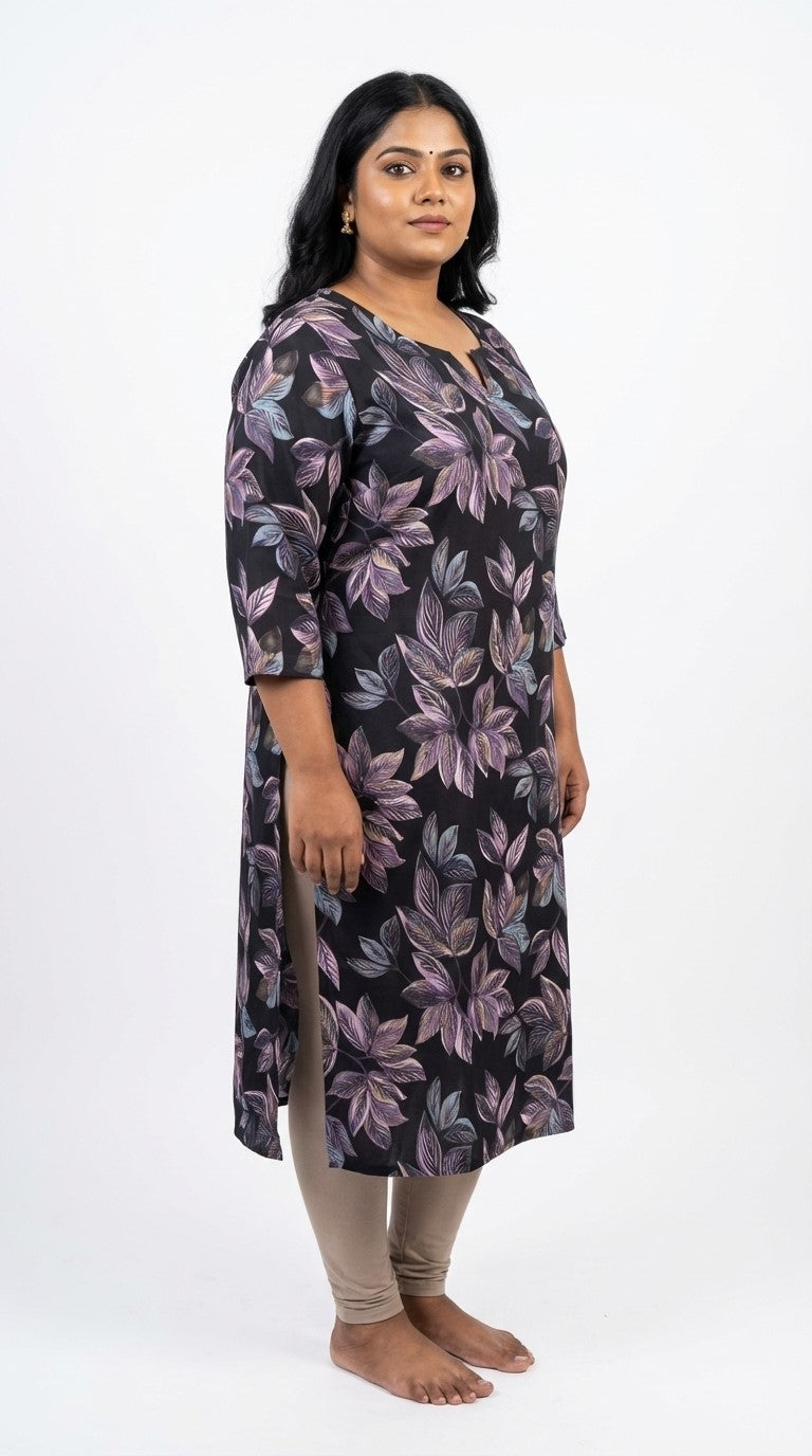 Plus Size Poly Crepe Floral Print  Straight Kurta Purple-100082