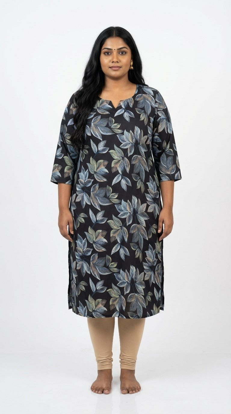 Plus Size Poly Crepe Floral Print  Straight Kurta Blue -100083