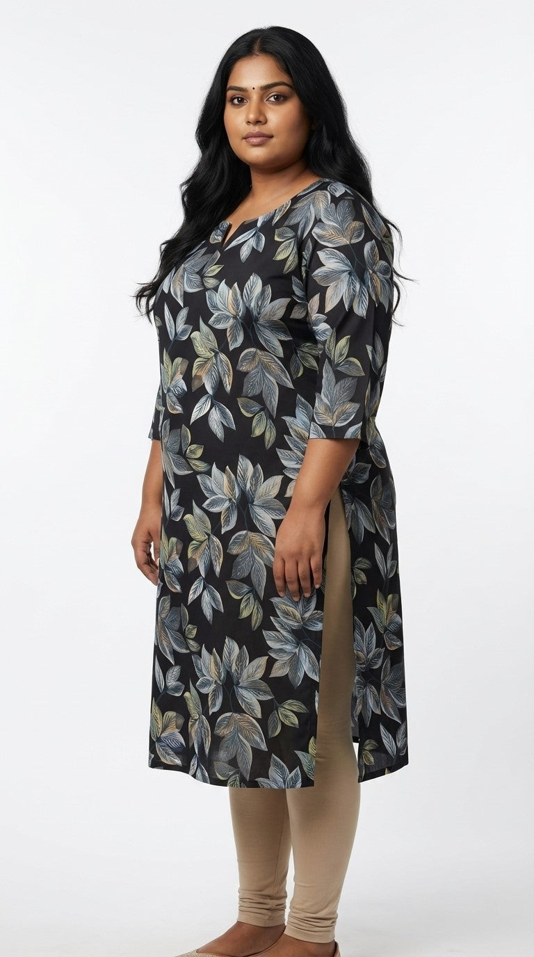 Plus Size Poly Crepe Floral Print  Straight Kurta Blue -100083