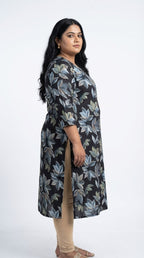 Plus Size Poly Crepe Floral Print  Straight Kurta Blue -100083