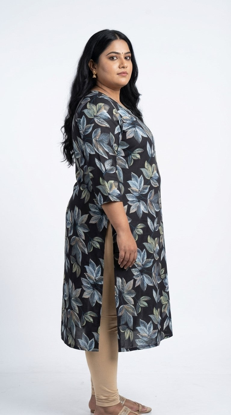 Plus Size Poly Crepe Floral Print  Straight Kurta Blue -100083