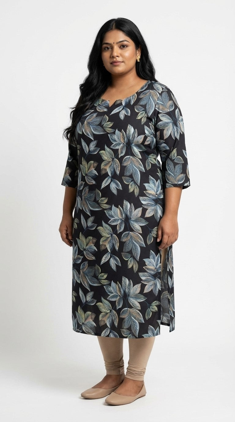 Plus Size Poly Crepe Floral Print  Straight Kurta Blue -100083