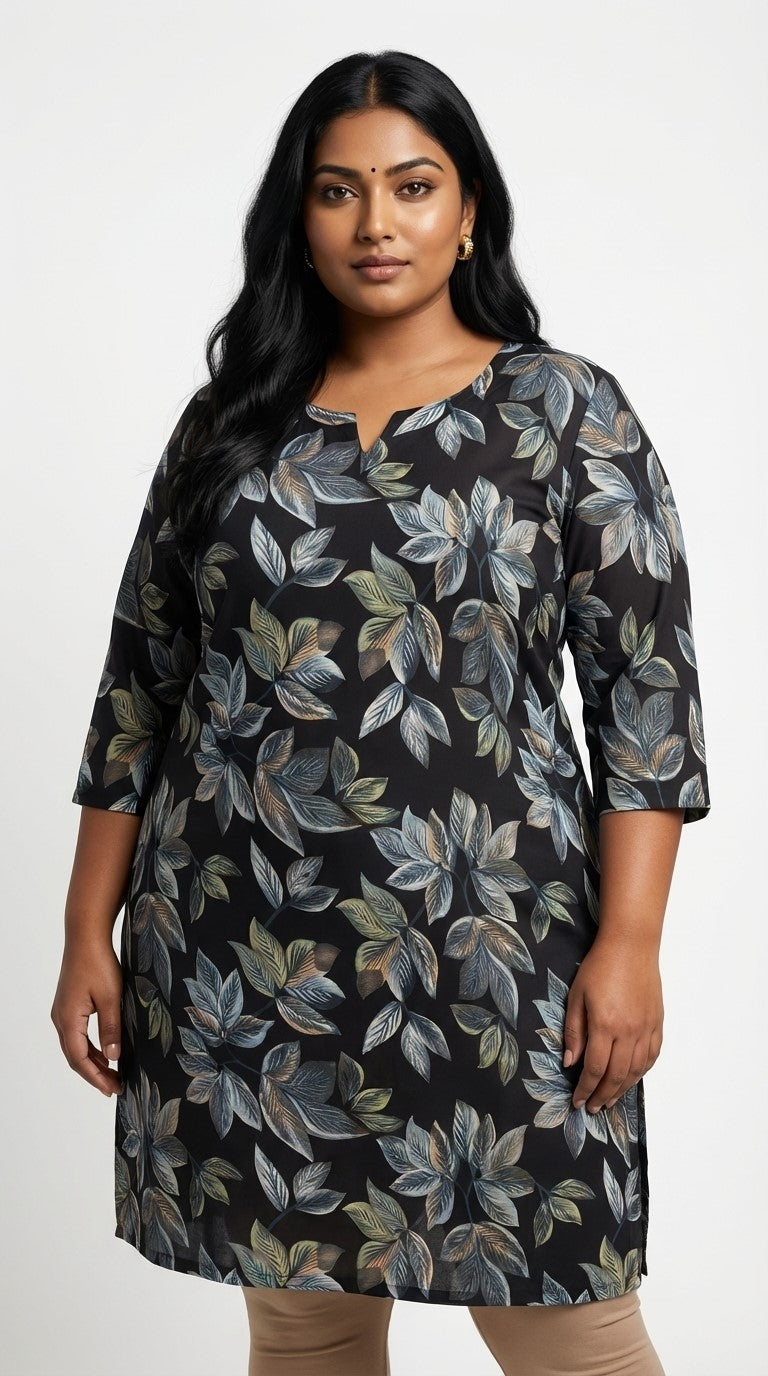 Plus Size Poly Crepe Floral Print  Straight Kurta Blue -100083