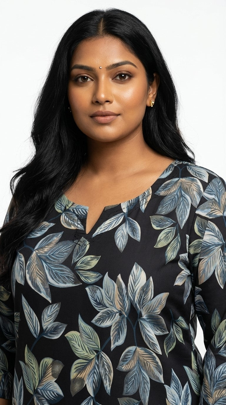 Plus Size Poly Crepe Floral Print  Straight Kurta Blue -100083