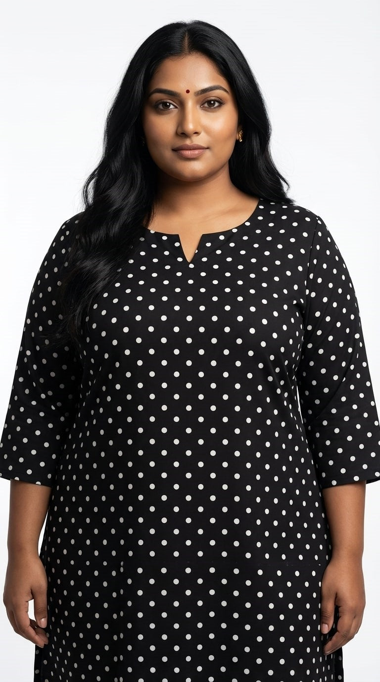 Plus Size Poly Crepe Polka Dot Print  Straight Kurta Black-100086