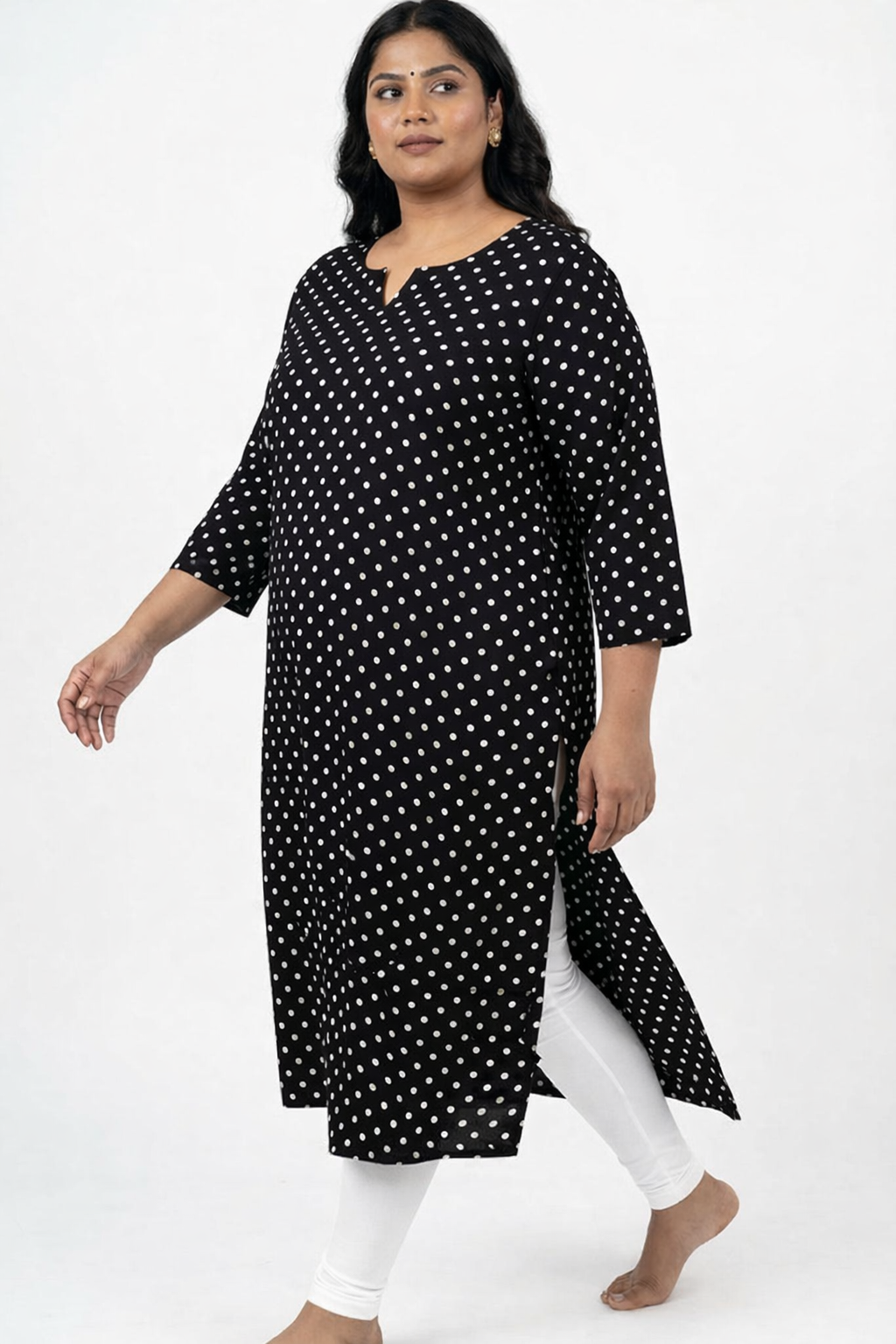 Plus Size Poly Crepe Polka Dot Print  Straight Kurta Black-100086
