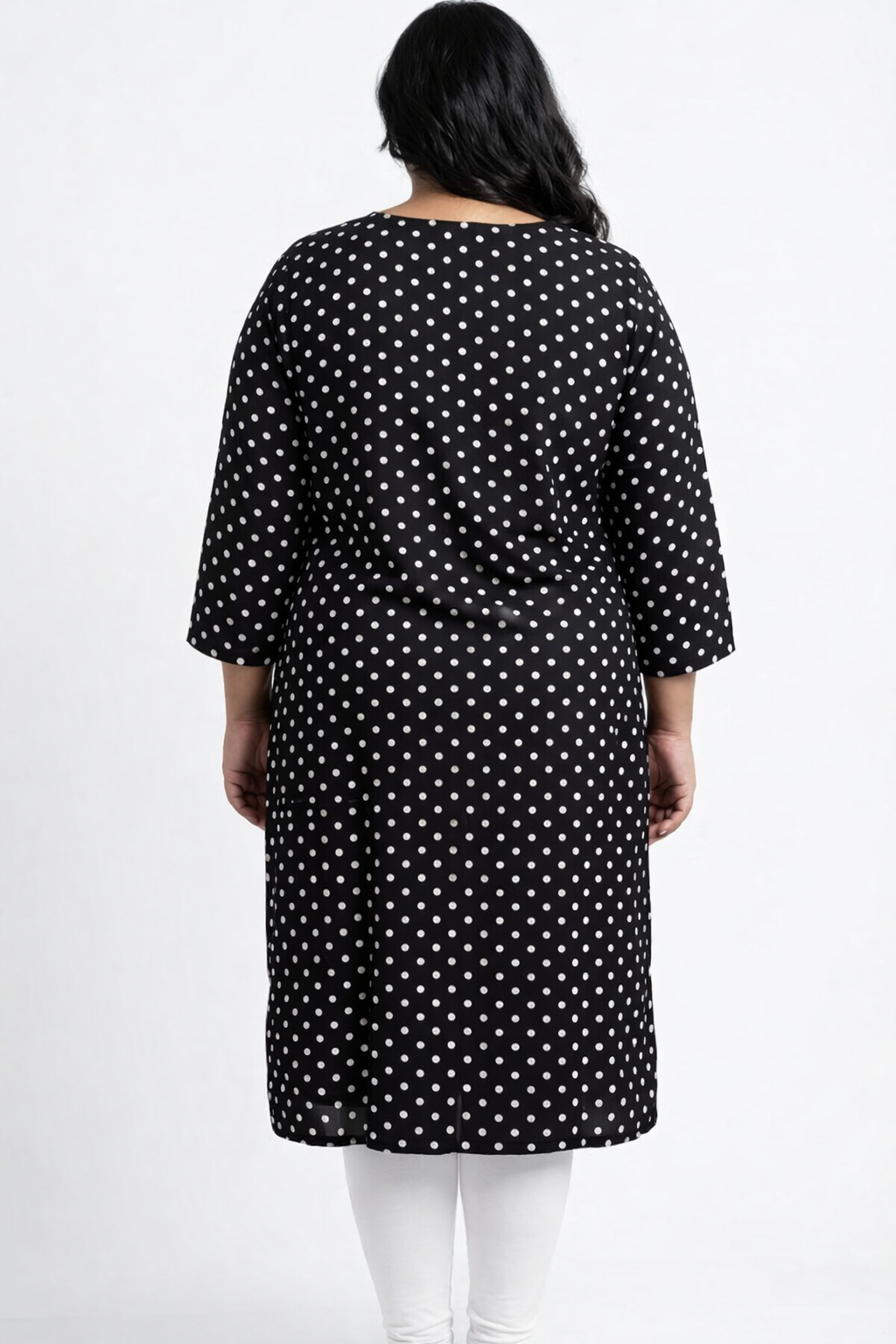 Plus Size Poly Crepe Polka Dot Print  Straight Kurta Black-100086