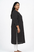 Plus Size Poly Crepe Polka Dot Print  Straight Kurta Black-100086