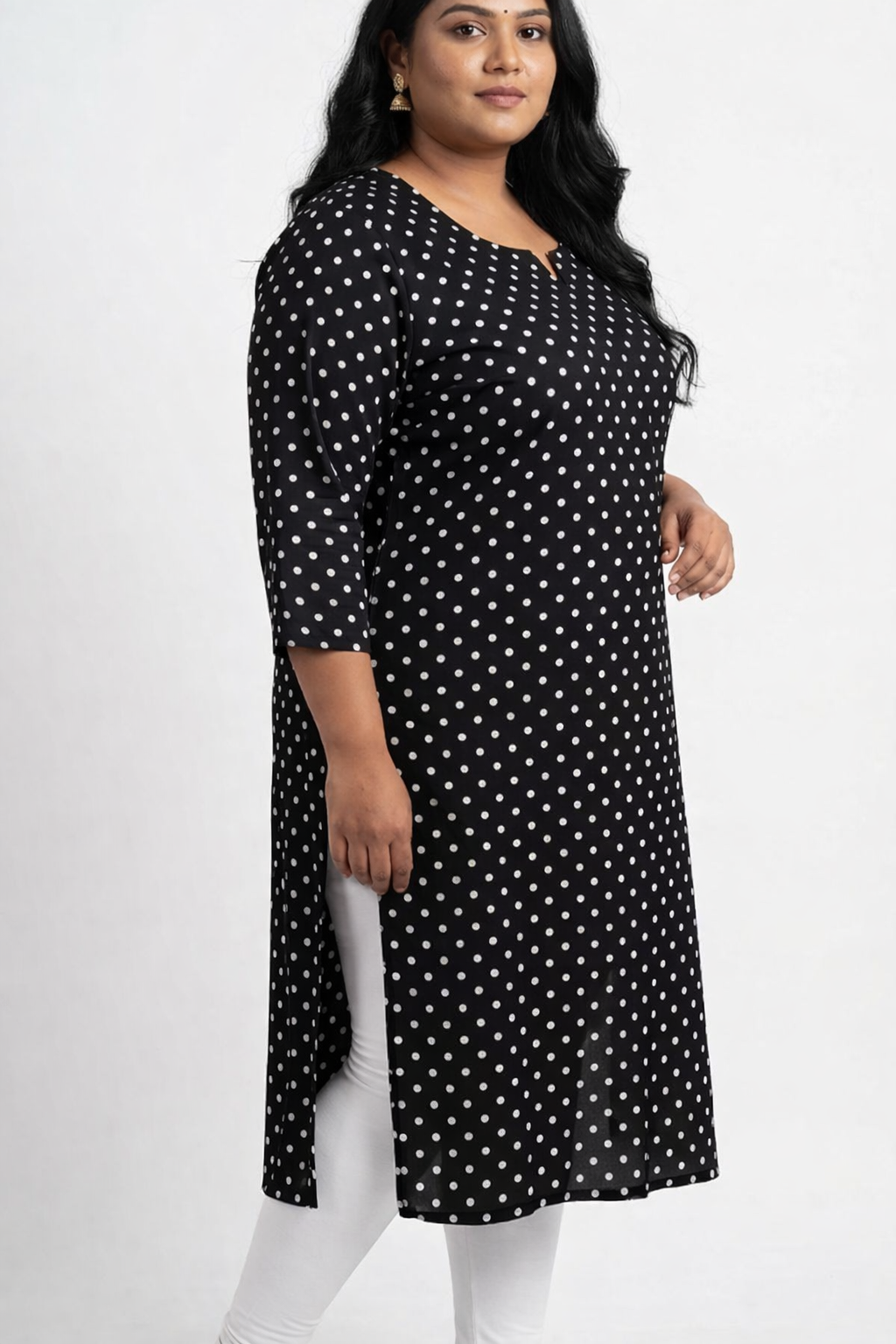 Plus Size Poly Crepe Polka Dot Print  Straight Kurta Black-100086