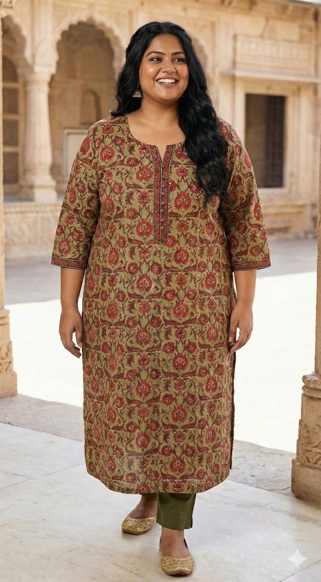 Plus Size Rust Cotton Floral Print Straight Kurta-100087