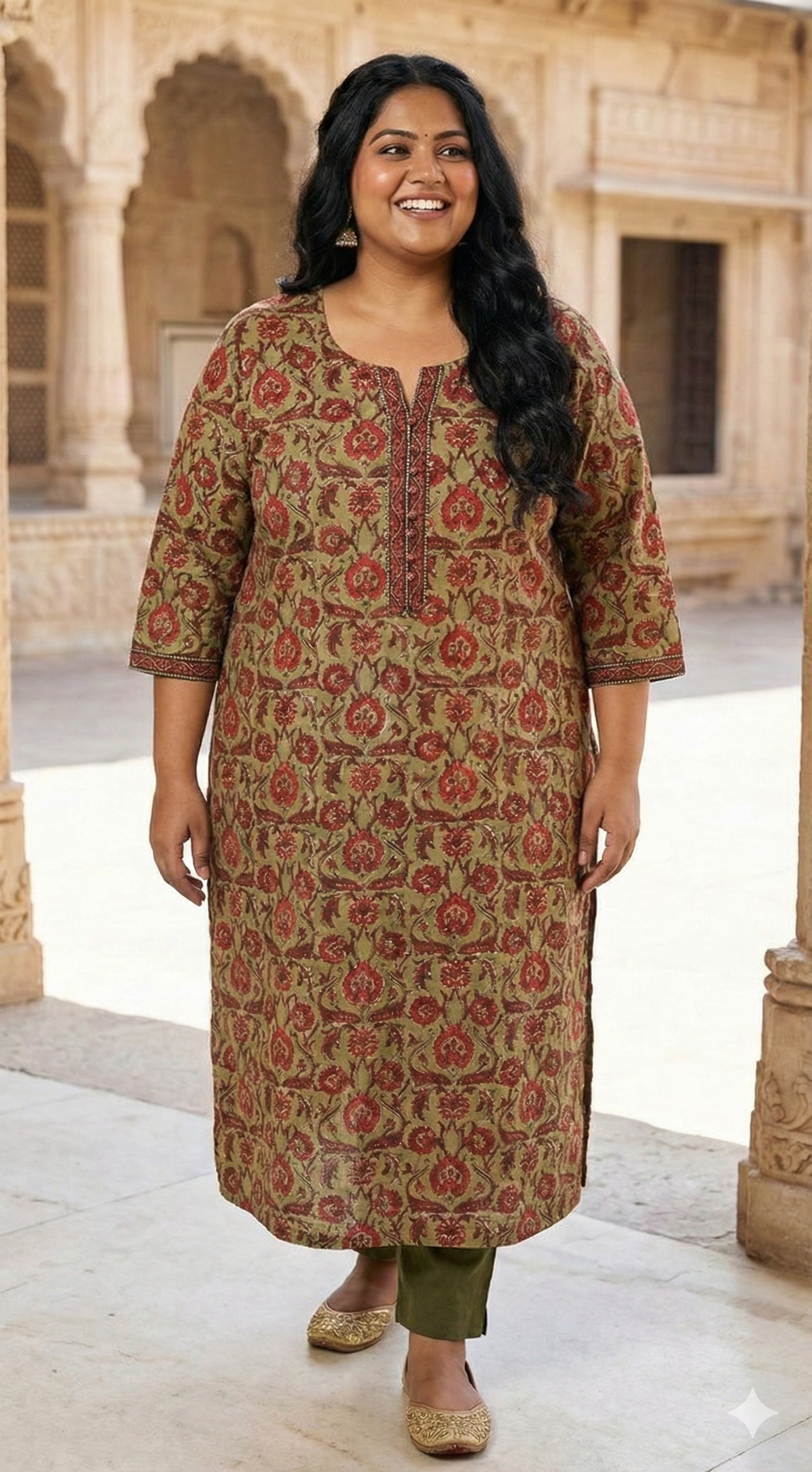 Plus Size Rust Cotton Floral Print Straight Kurta-100087