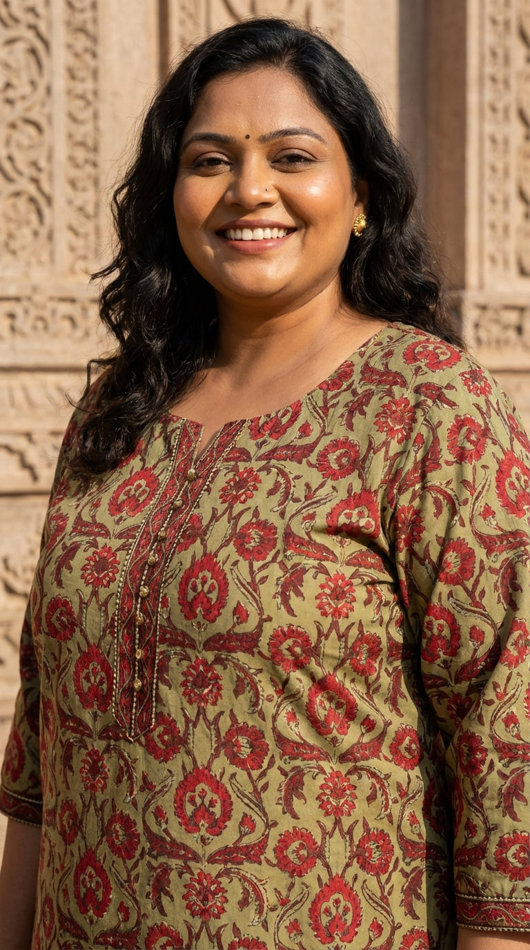 Plus Size Rust Cotton Floral Print Straight Kurta-100087