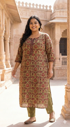 Plus Size Rust Cotton Floral Print Straight Kurta-100087