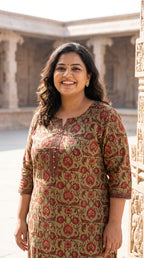 Plus Size Rust Cotton Floral Print Straight Kurta-100087