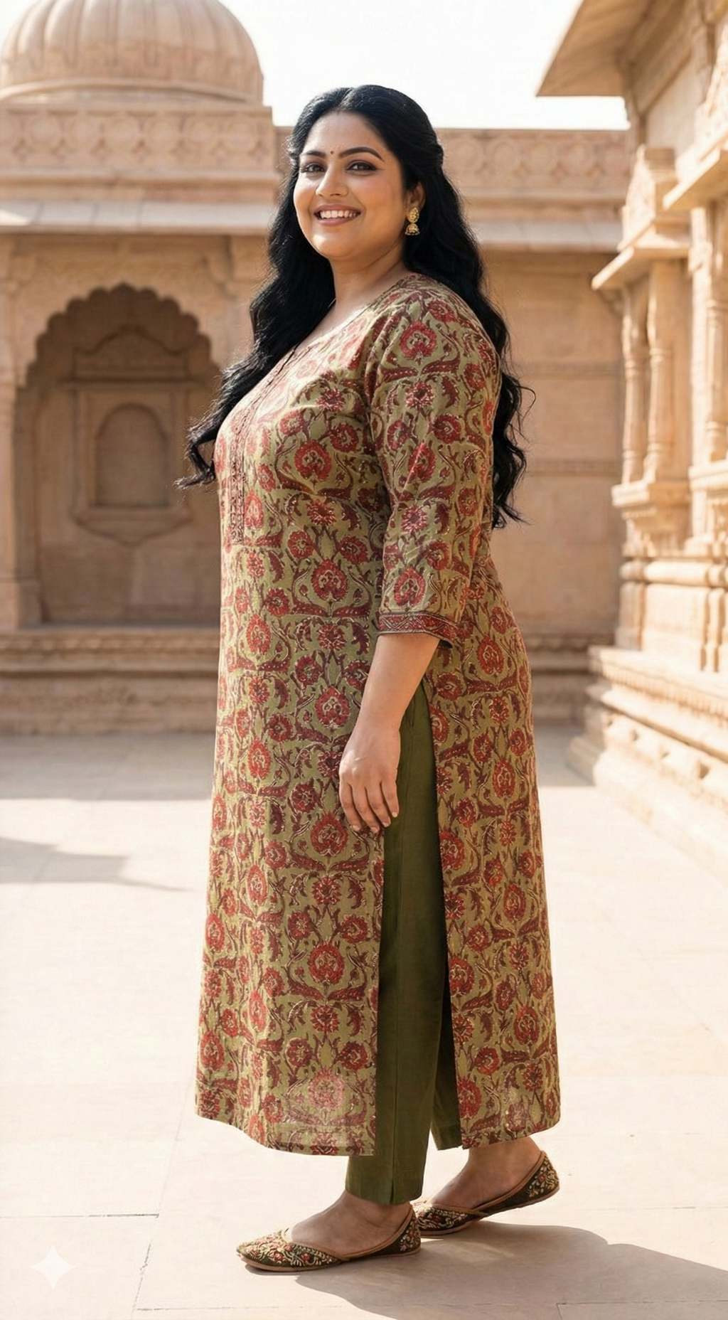 Plus Size Rust Cotton Floral Print Straight Kurta-100087