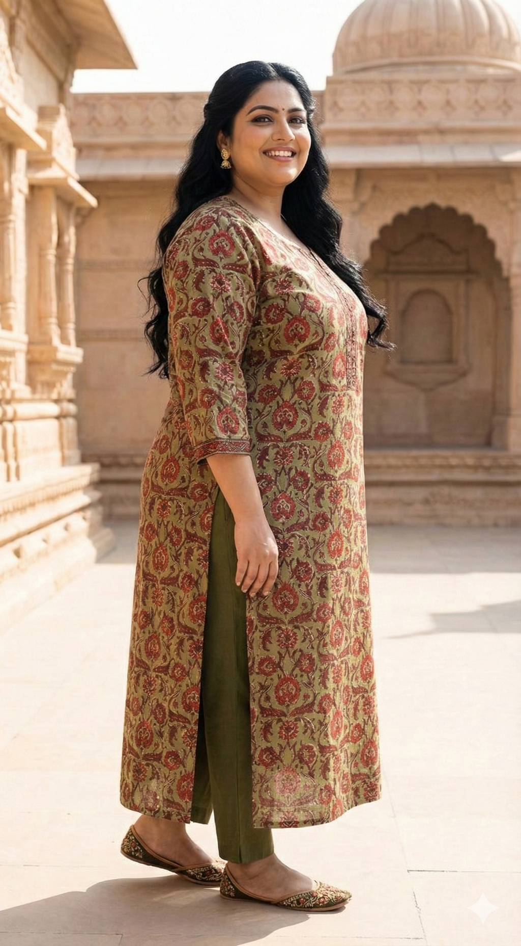 Plus Size Rust Cotton Floral Print Straight Kurta-100087