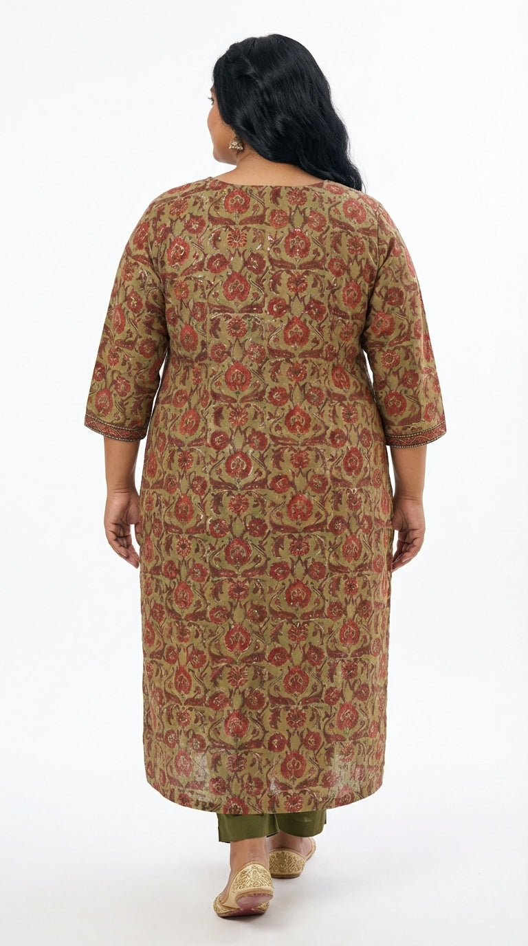 Plus Size Rust Cotton Floral Print Straight Kurta-100087