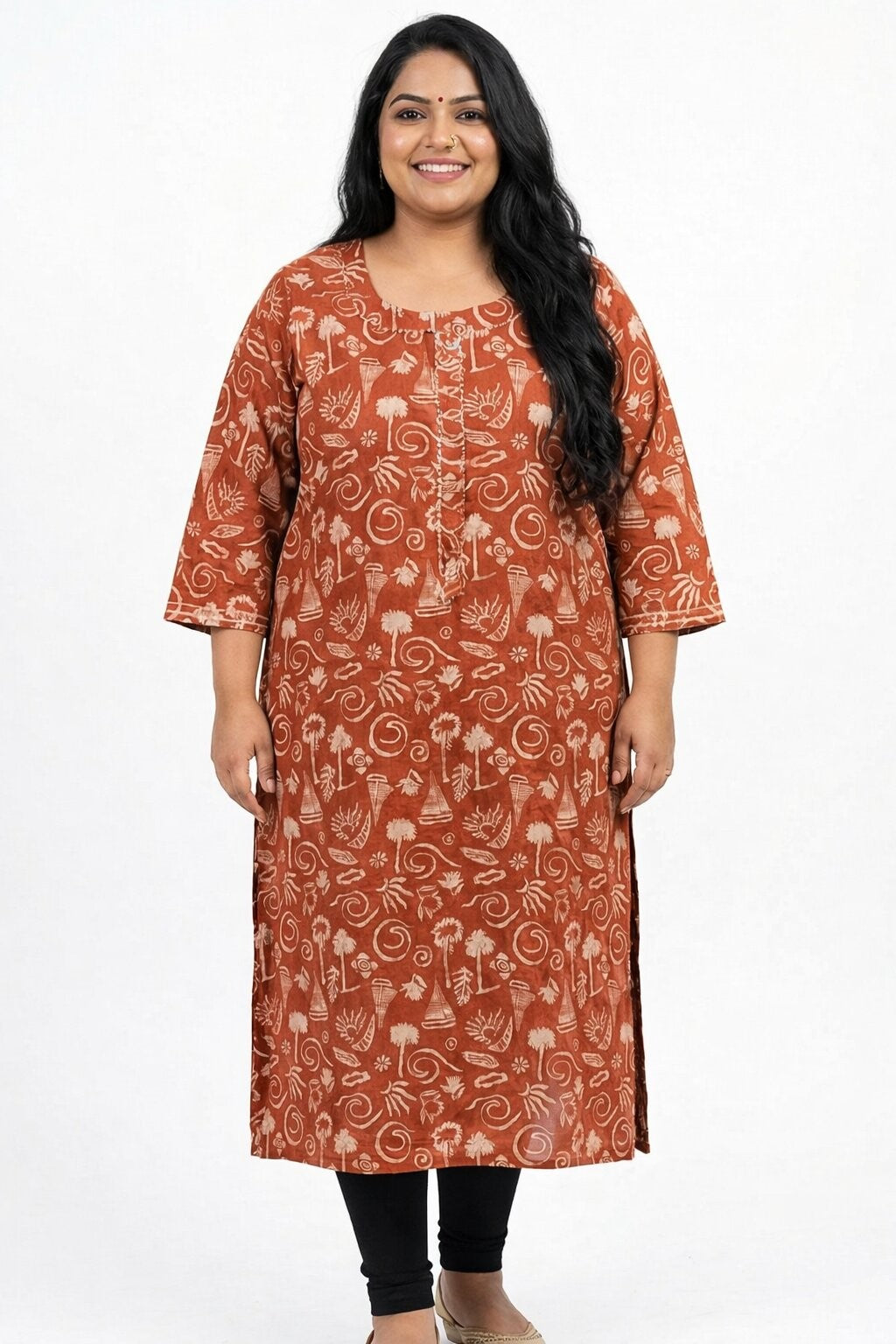 Plus Size Rust Cotton Floral Print Straight Kurta-100088 Secondary image