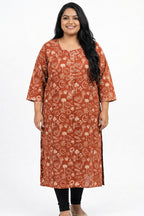 Plus Size Rust Cotton Floral Print Straight Kurta-100088