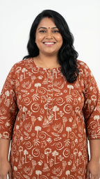 Plus Size Rust Cotton Floral Print Straight Kurta-100088